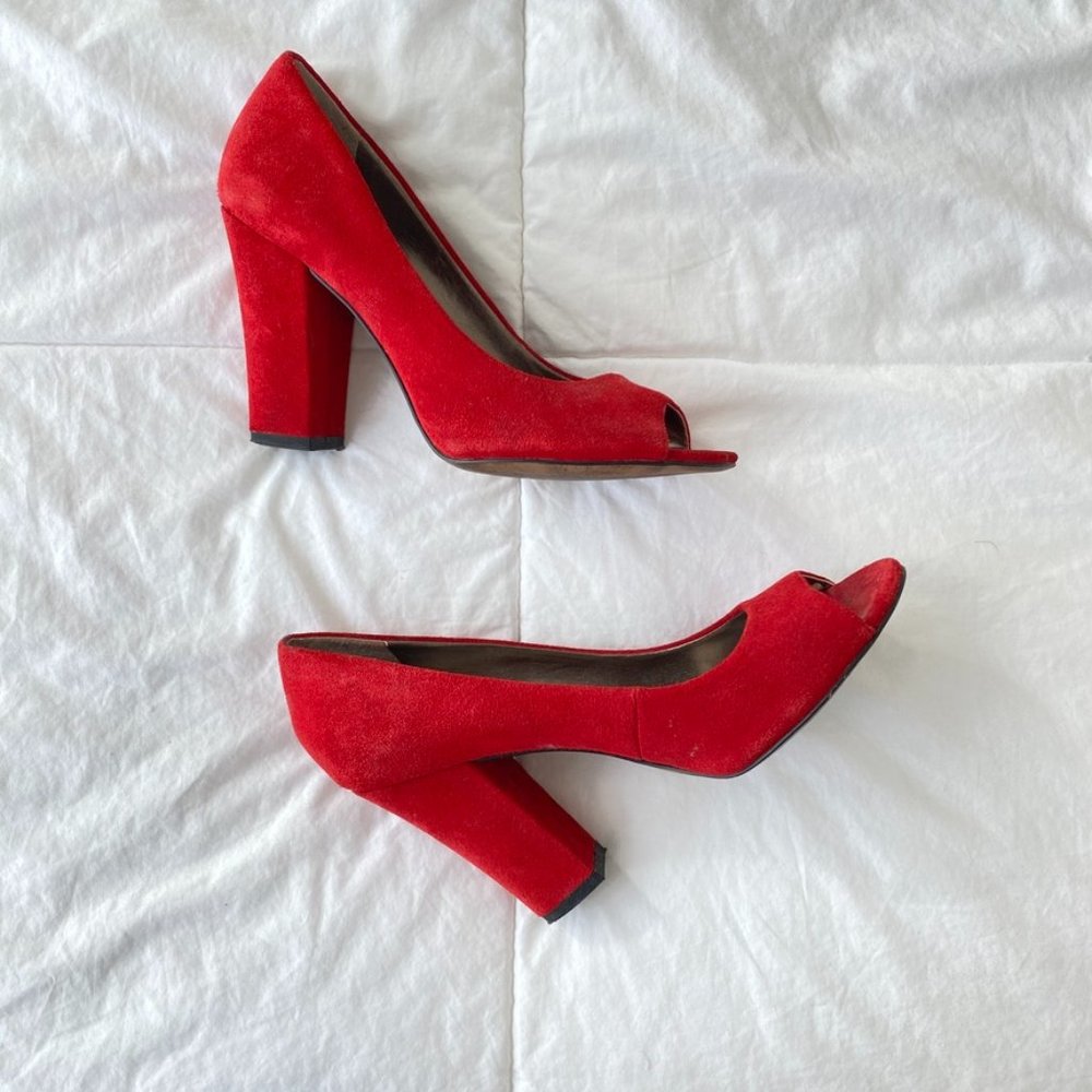 Red suede peep-toe high heels